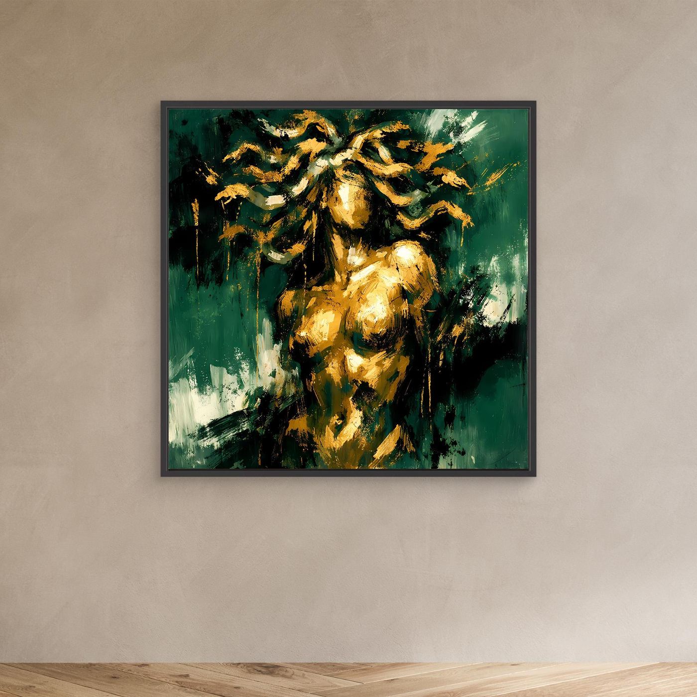 Leinwand Mystische Medusa in Smaragdgrün | Abstraktes Mythologie Wandbild Gold