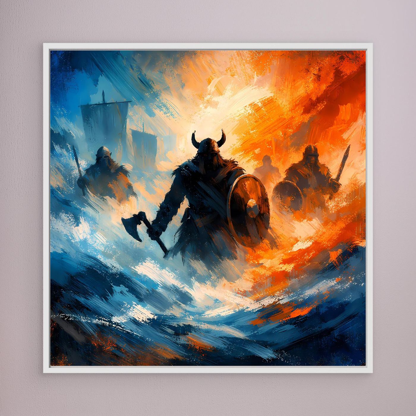 Wandbild mit Wikinger-Kriegern im Sturm, Blau-Orange, mit weißem Rahmen