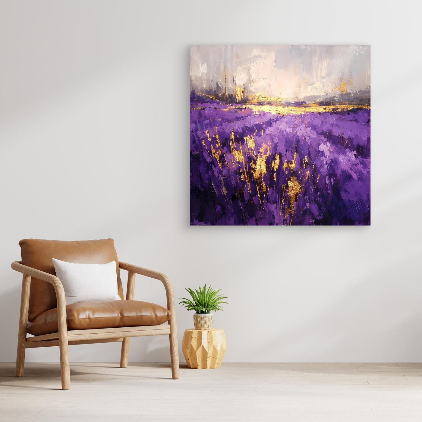 Wandbild Leinwand mit violettem Lavendelfeld und goldener Horizontlinie