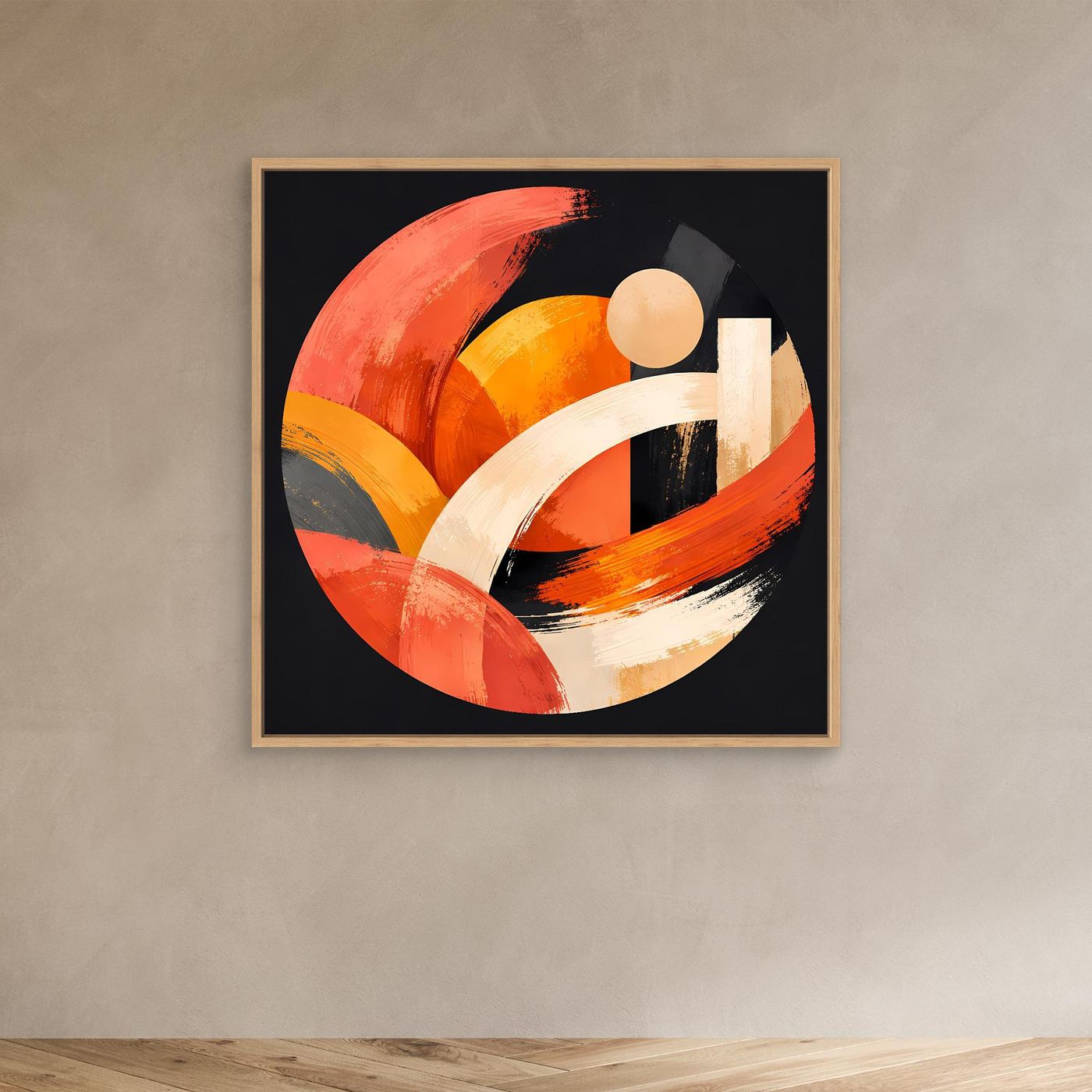 Leinwandbild mit geometrischem Kreis aus Pinselstrichen in Orange, Beige und Weiß, Holzrahmen Eiche