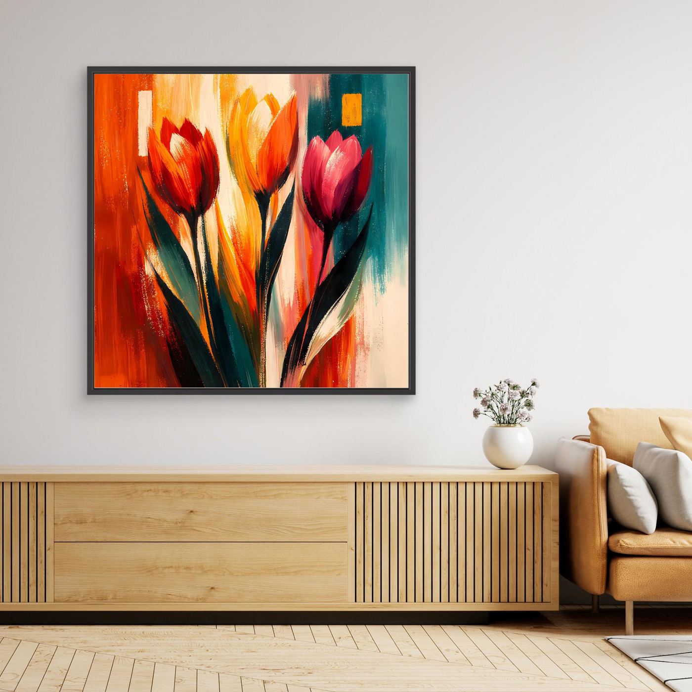 Leinwand-Wandbild mit abstrakten Tulpen in Orange, Pink und Grün, schwarzer Rahmen