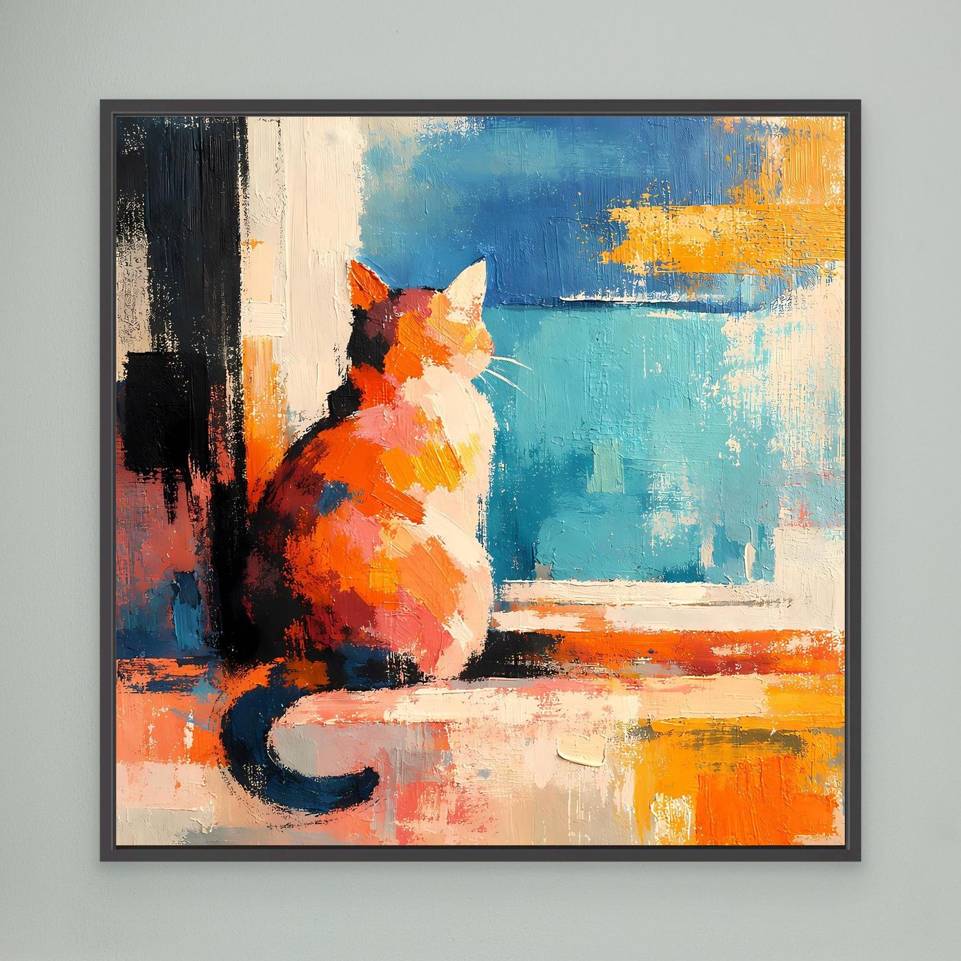 Abstract cat wall art with orange and blue palette, cat sitting by window, black frame