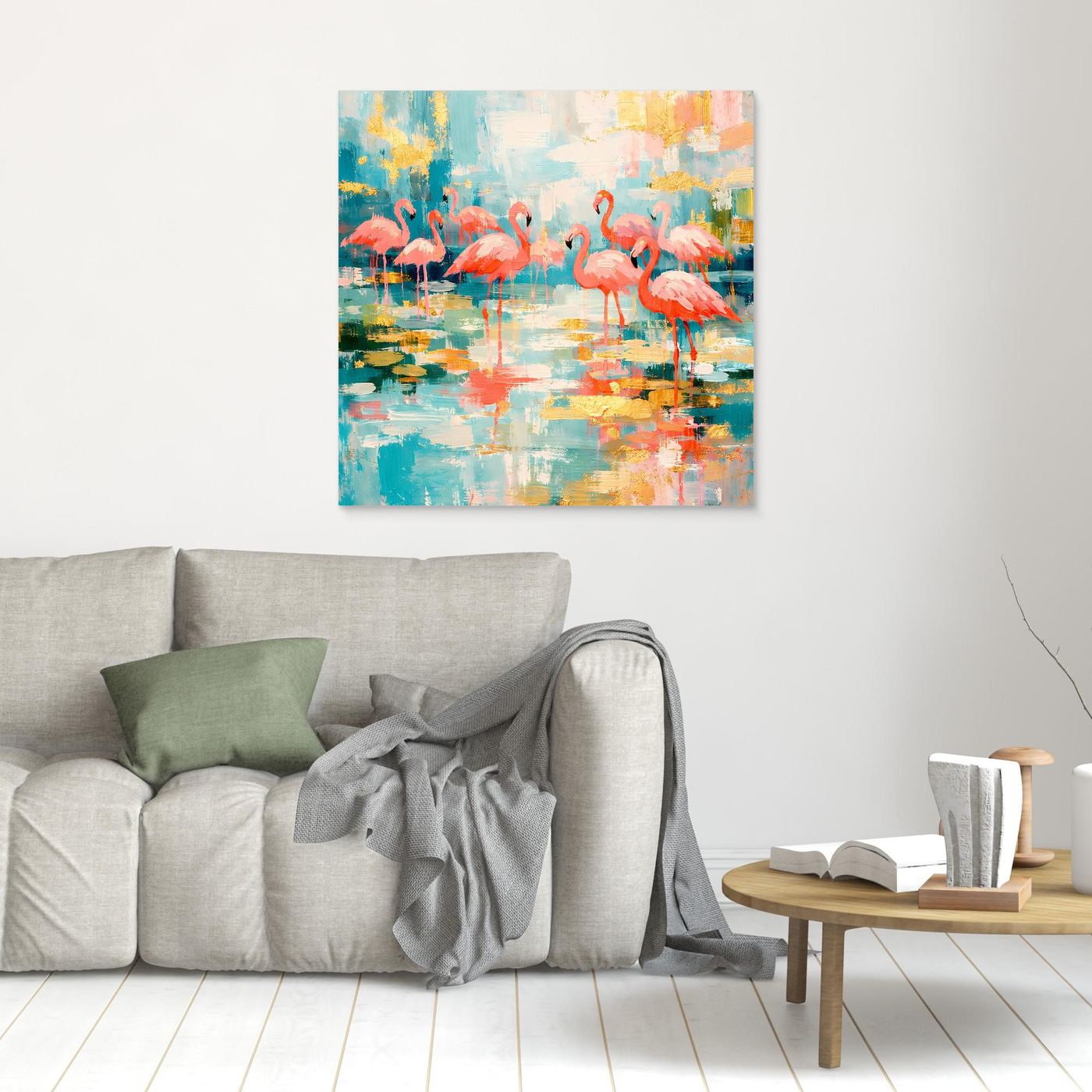 Leinwandbild mit abstrakten Flamingos im bunten Farbverlauf, ohne Rahmen