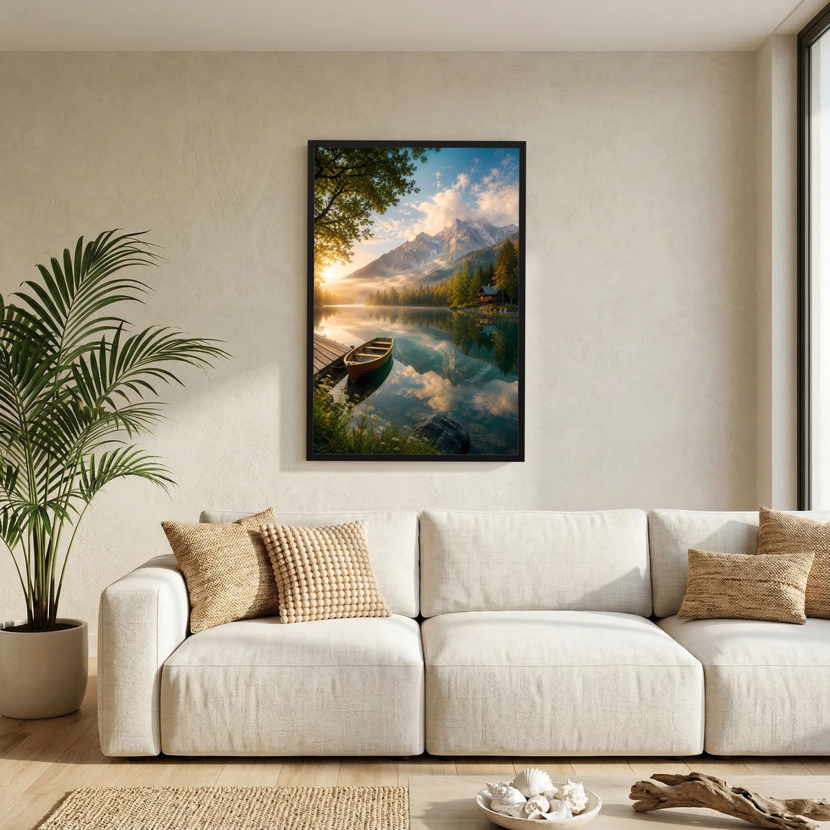 Kunstposter im schwarzen Rahmen: Holzboot am Bergsee mit Alpenbergen im Morgenlicht.