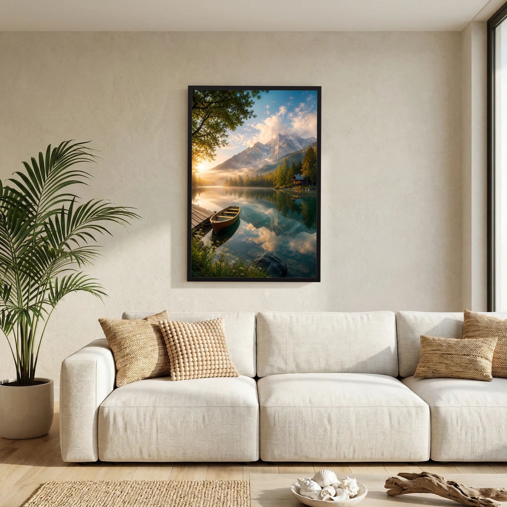 Kunstposter im schwarzen Rahmen: Holzboot am Bergsee mit Alpenbergen im Morgenlicht.