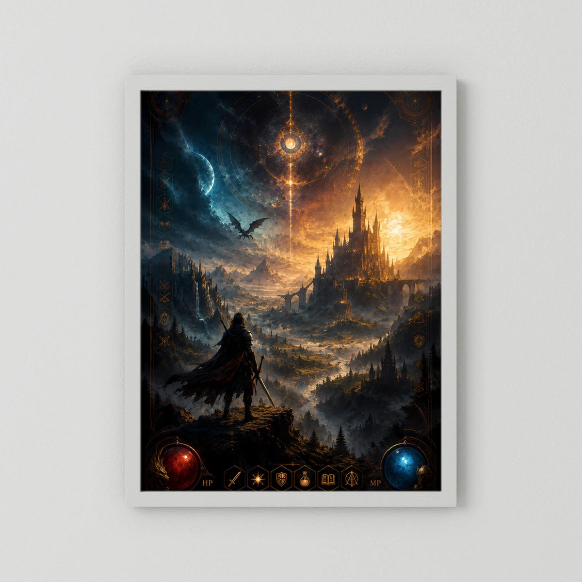 Magisches Burg-Kunstposter im Hochformat mit Krieger und Drachen, weiß gerahmt