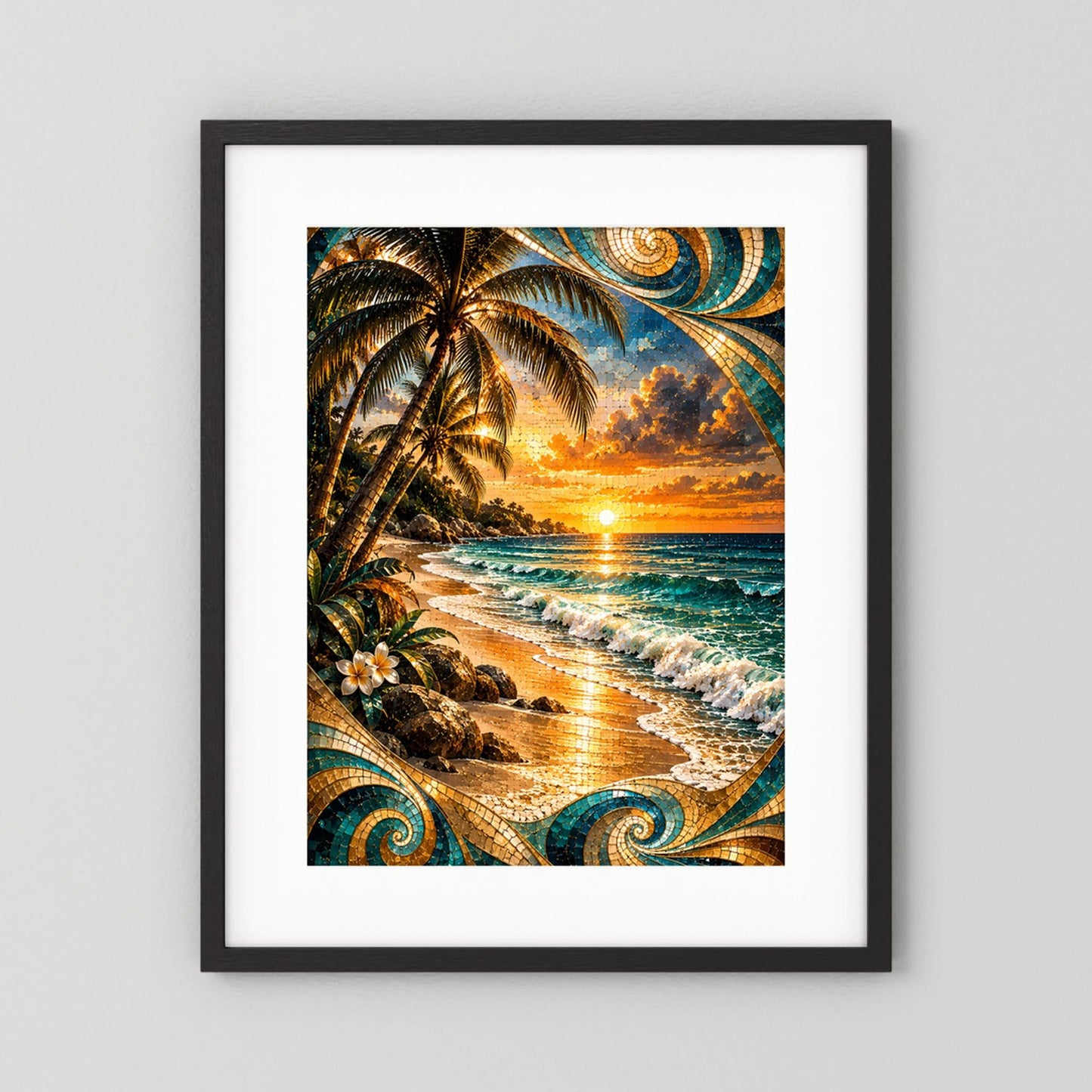 Tropischer Strand bei Sonnenuntergang | Mosaik Kunst in Türkis & Gold | Poster Hochformat