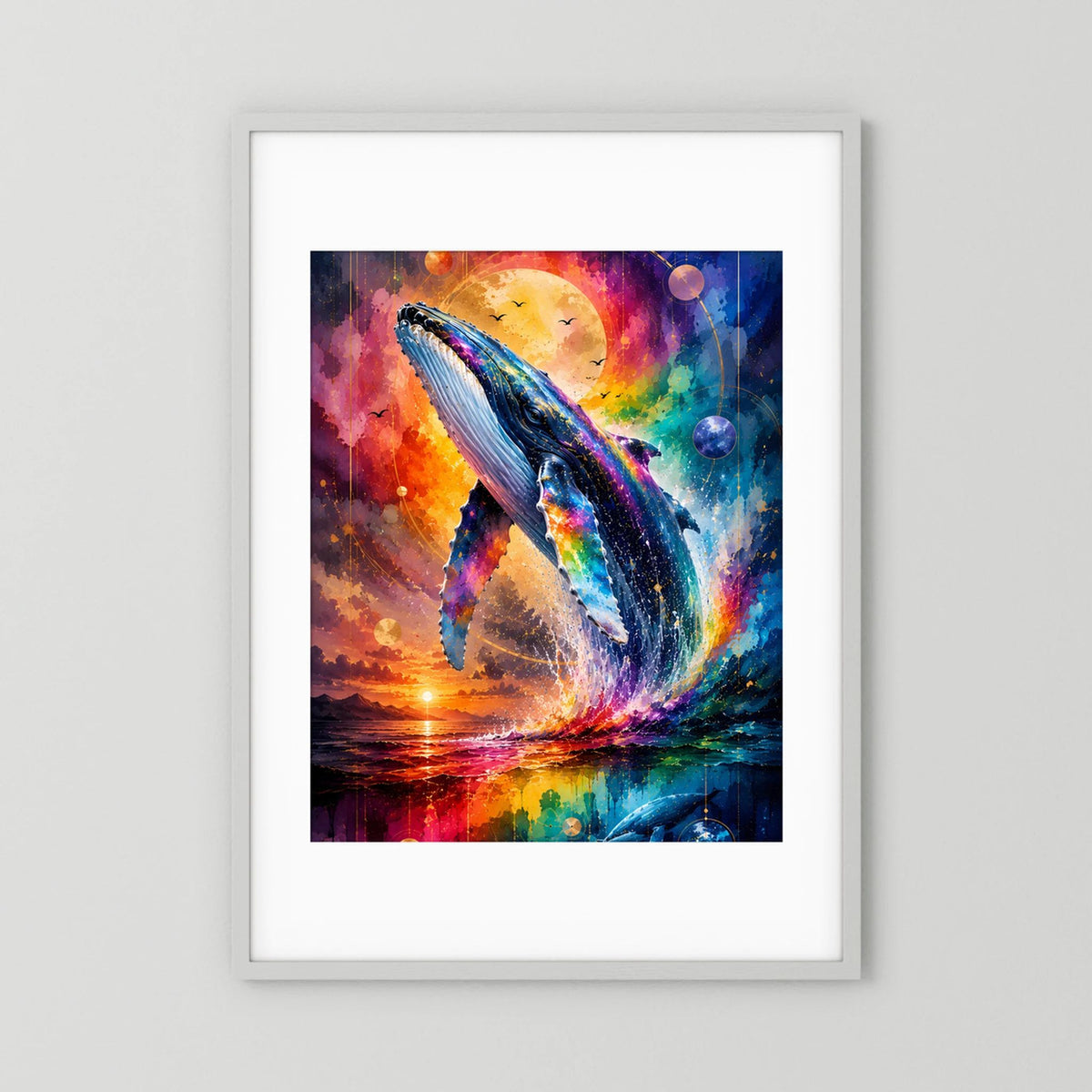 Hochformat-Poster im weißen Rahmen mit blauem Wal in Regenbogen-Galaxie