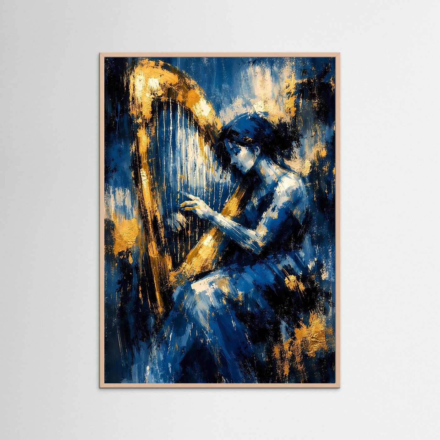 Abstraktes Harfenspieler-Kunstposter in Nachtblau, Weiß und Gold, mit Roséholzrahmen