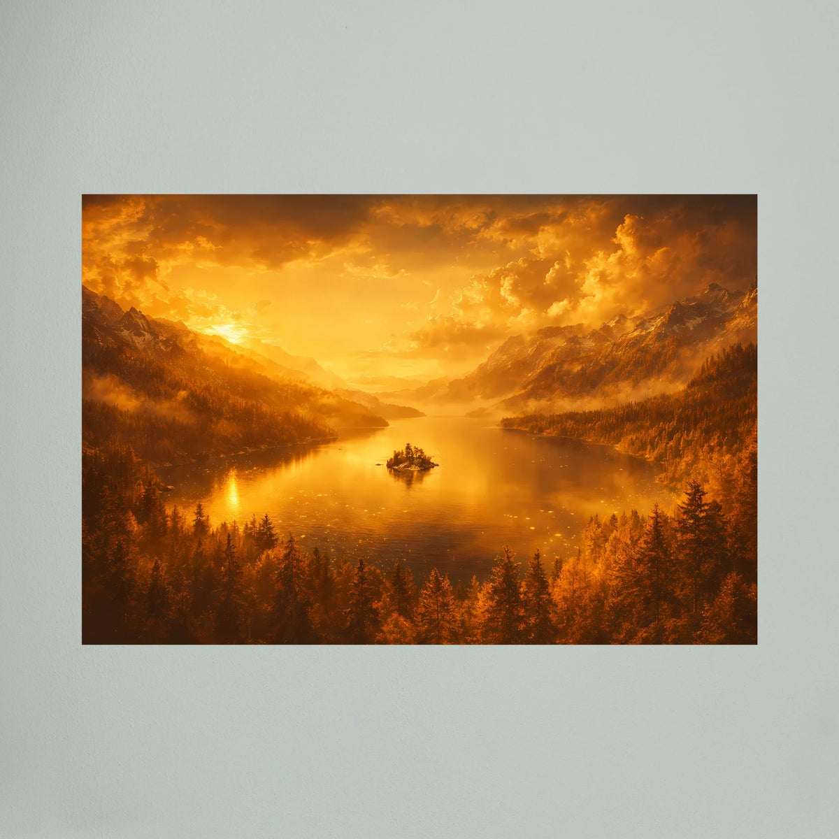 Großes Querformat-Wandbild mit goldenem Bergsee und Abendwolken