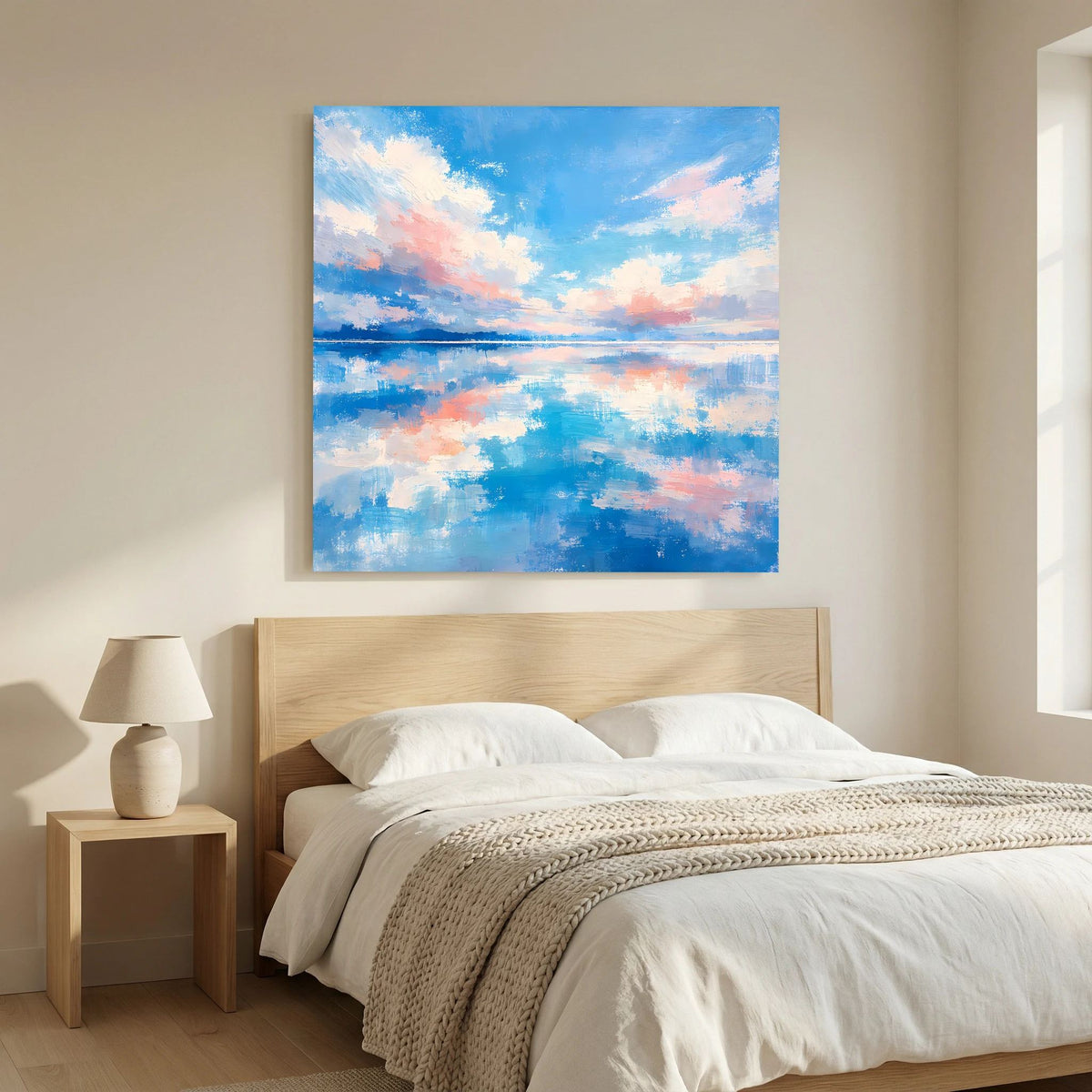 Abstraktes Leinwandbild auf Keilrahmen: Küstenlinie mit Wolken in Blau und Koralle