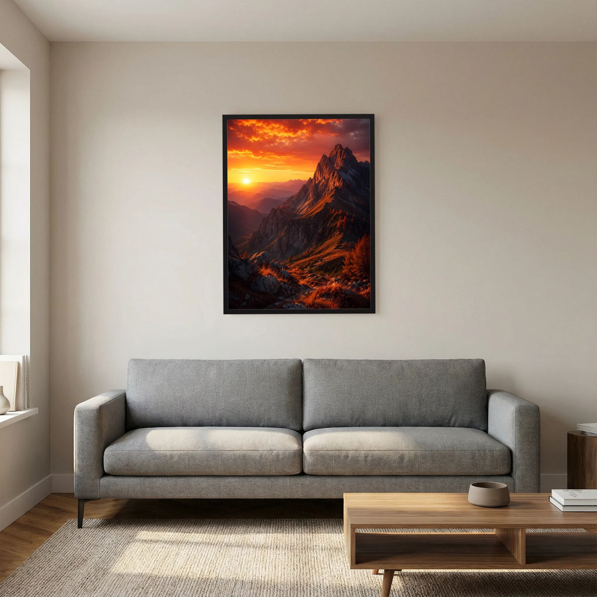 Schwarz gerahmtes Poster im Hochformat mit Berglandschaft und leuchtend orangefarbenem Abendhimmel