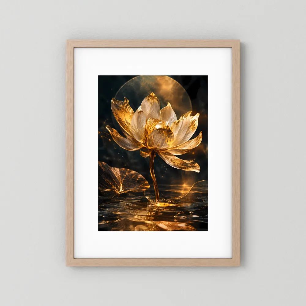 Gerahmtes Poster mit goldener Lotusblüte im Hochformat, heller Holzrahmen, weißer Innenrand.