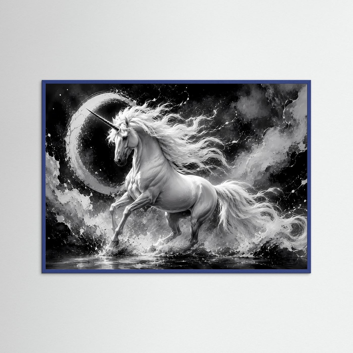 Einhorn Schwarz Weiß Poster Querformat | Mystische Fantasy Wandkunst | Monochrome Elegante Leinwandkunst