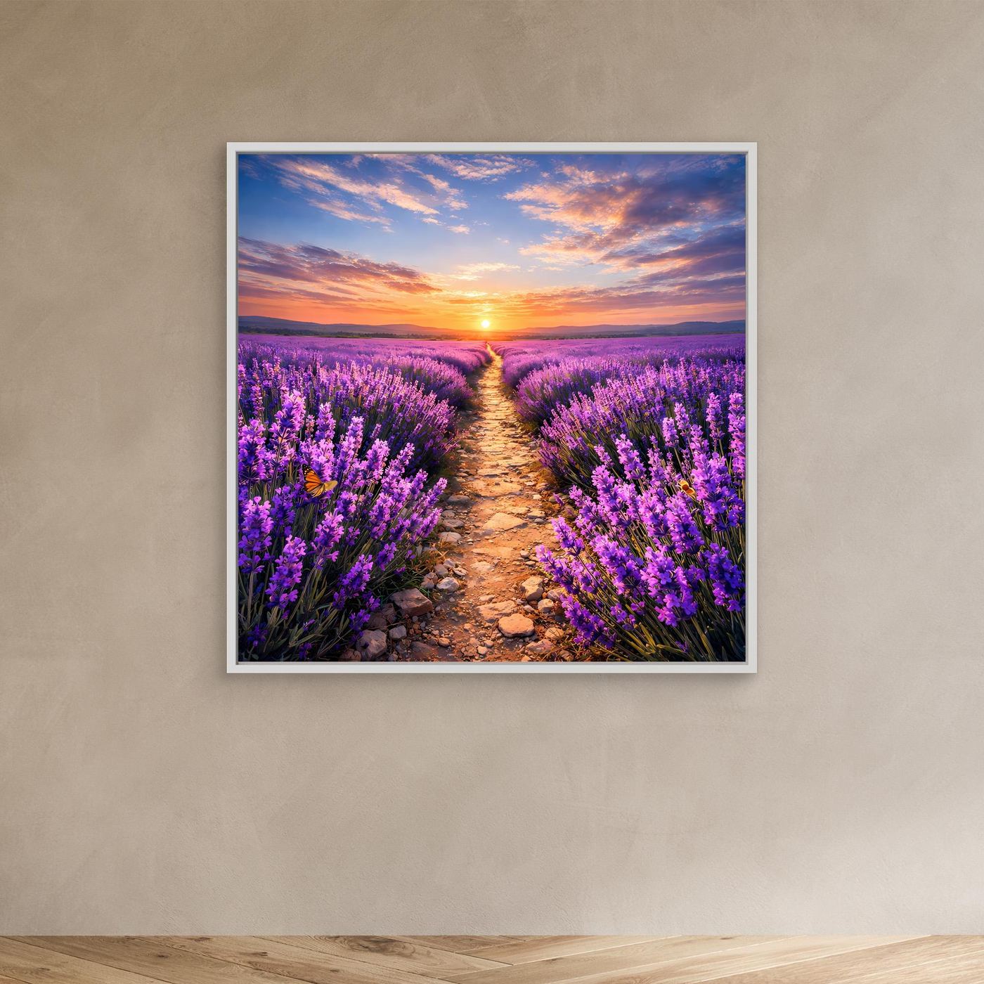 Leinwandbild Lavendelfeld mit Kiesweg und Sonnenuntergang, weißer Rahmen