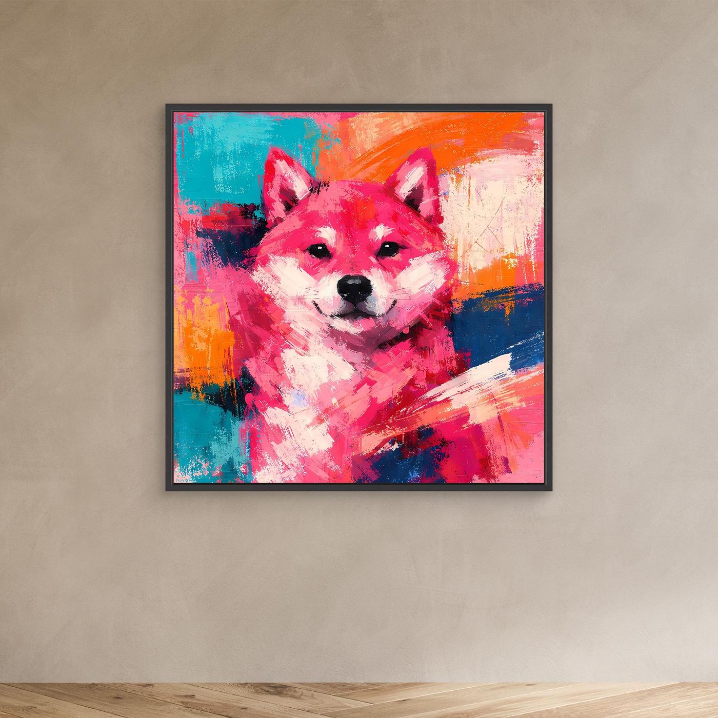 Shiba-Inu-Wandbild mit schwarzem Rahmen, Pop-Art-Porträt in Pink und Orange