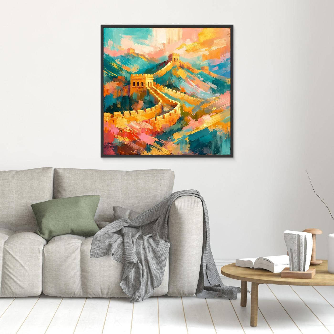 Kleines gerahmtes Leinwandbild mit abstrakter Chinesischer-Mauer-Optik in Türkis und Orange