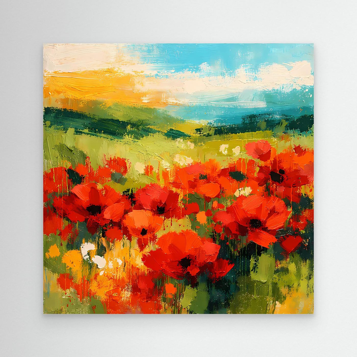 Abstract canvas wall art of a bright red poppy field with green and blue horizon