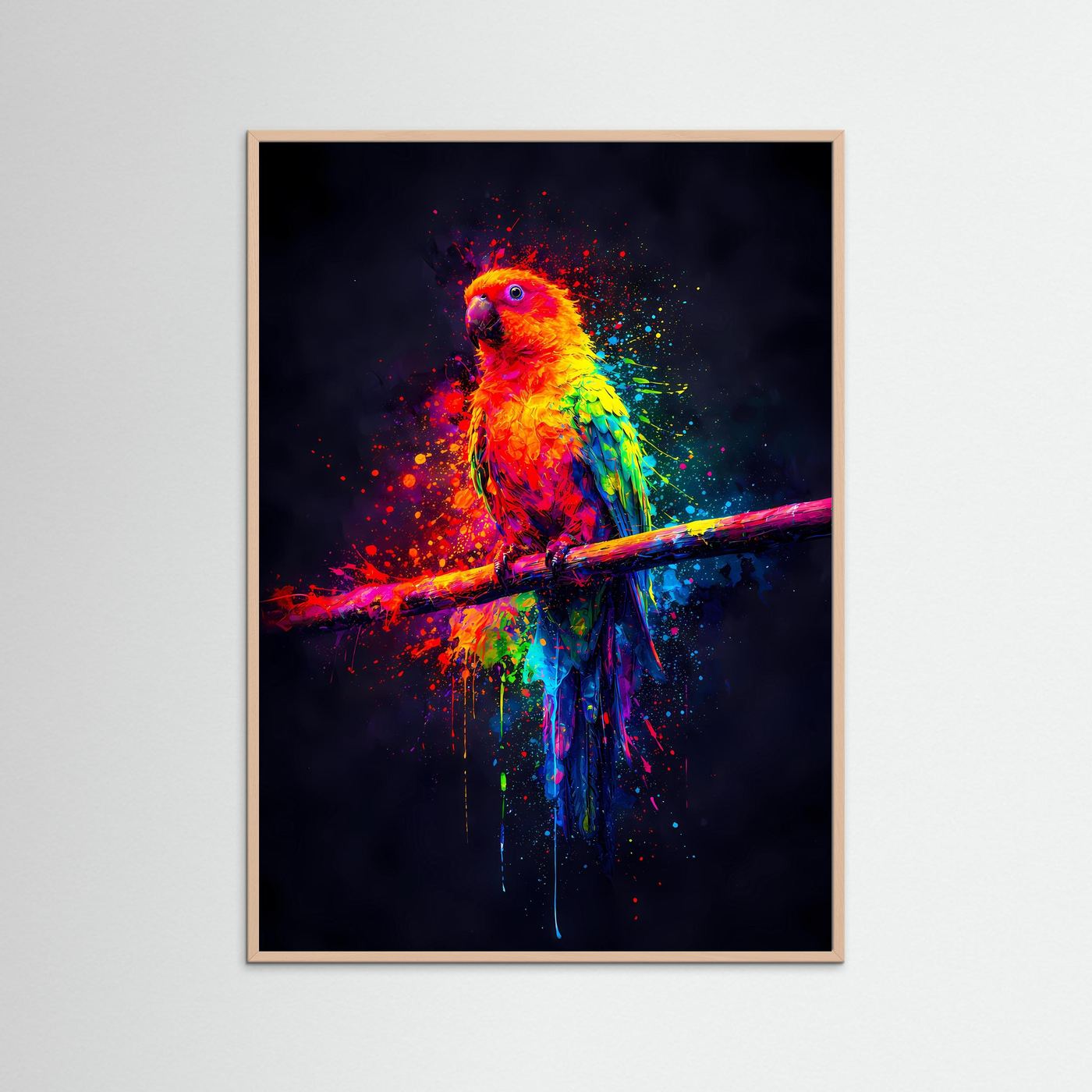 Tropische Farbexplosion | Neon Papagei Poster in bunten Regenbogenfarben | Abstraktes Kunstposter Hochformat