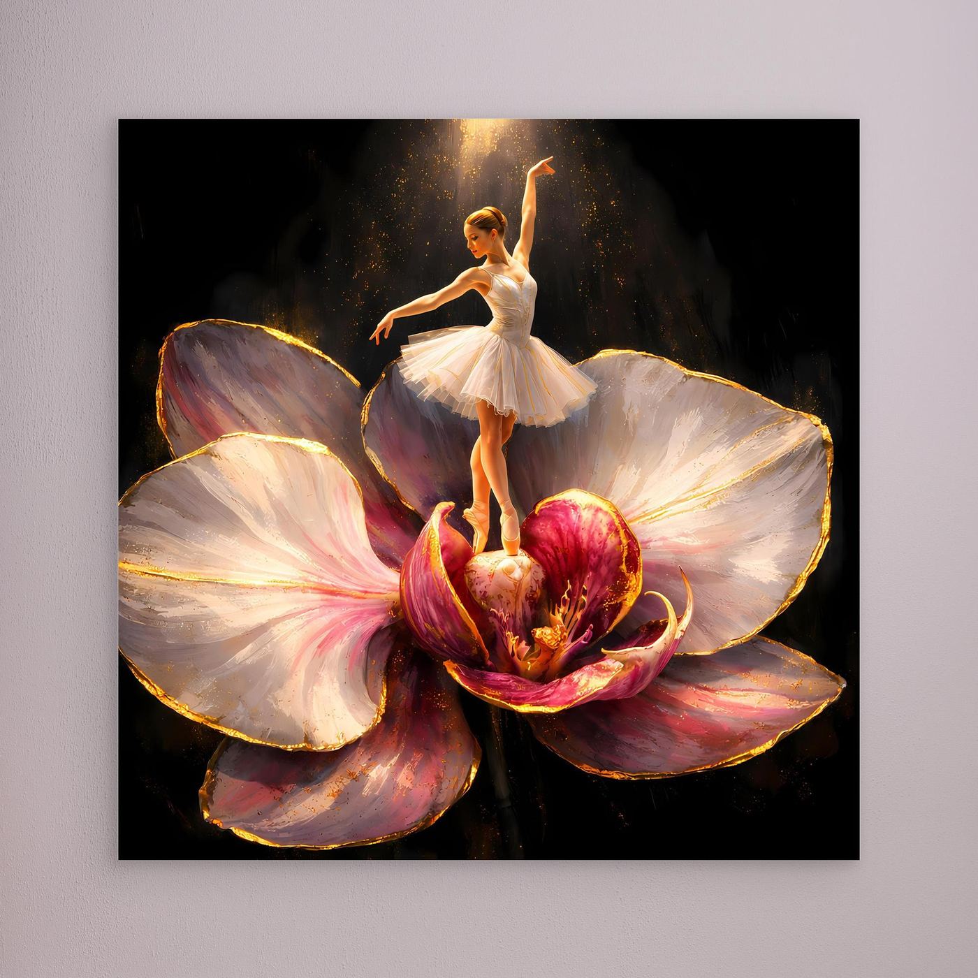 Premium Leinwand Elegante Ballerina auf Orchidee | Abstraktes Ballett Wandbild mit Goldakzenten