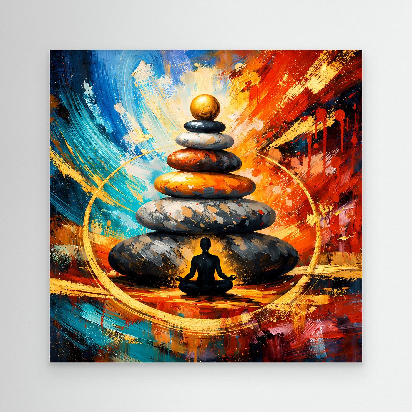 Leinwandbild mit Steinstapel und Meditationsfigur, abstrakt in Blau, Rot und Orange