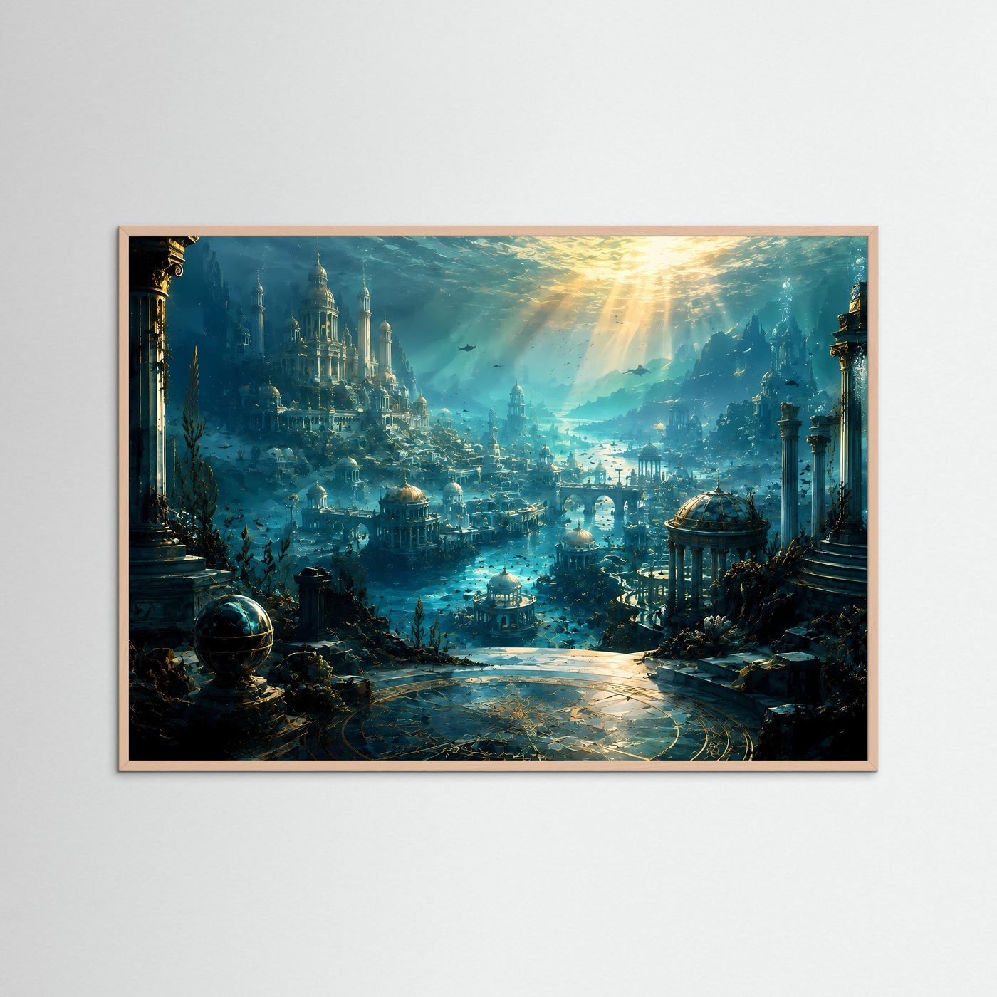 Poster mit Unterwasserstadt Atlantis im Türkis-Gold-Motiv, mit rötlichem Holzrahmen
