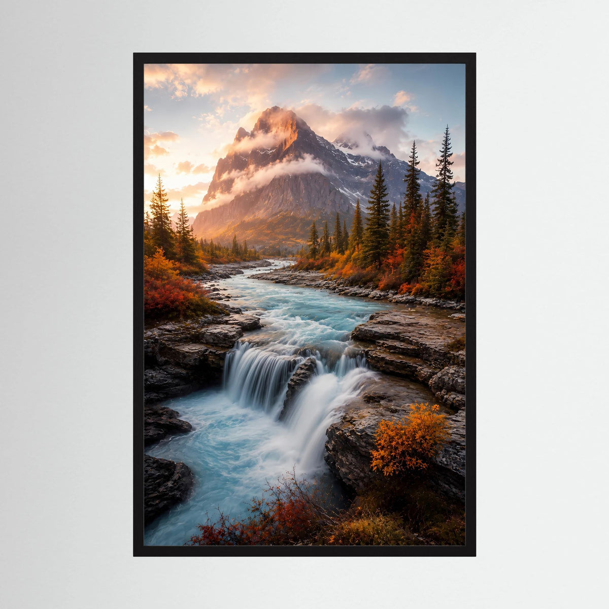 Hochformat-Poster im schwarzen Rahmen mit Wasserfall im Fluss und Bergpanorama