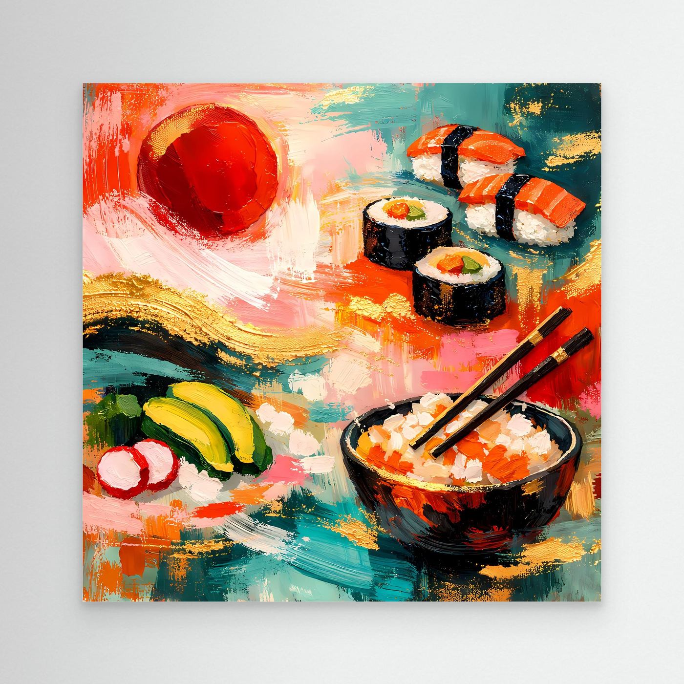 Leinwandbild mit Sushi-Motiv: Maki, Nigiri, Schale mit Stäbchen, bunt gemalt