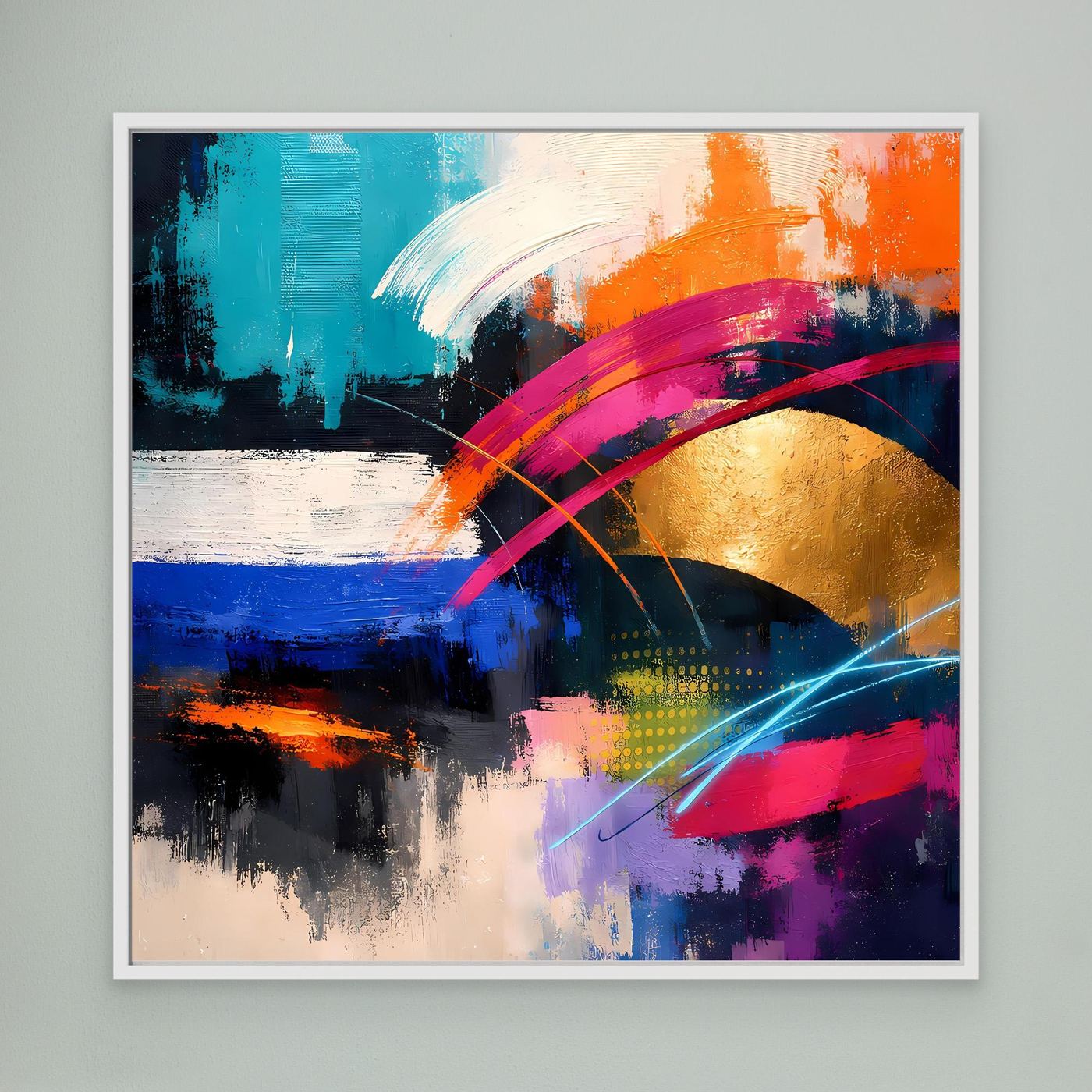 Leinwandbild Abstrakt mit Goldkreis, Orange-Blau-Akzenten und weißem Rahmen