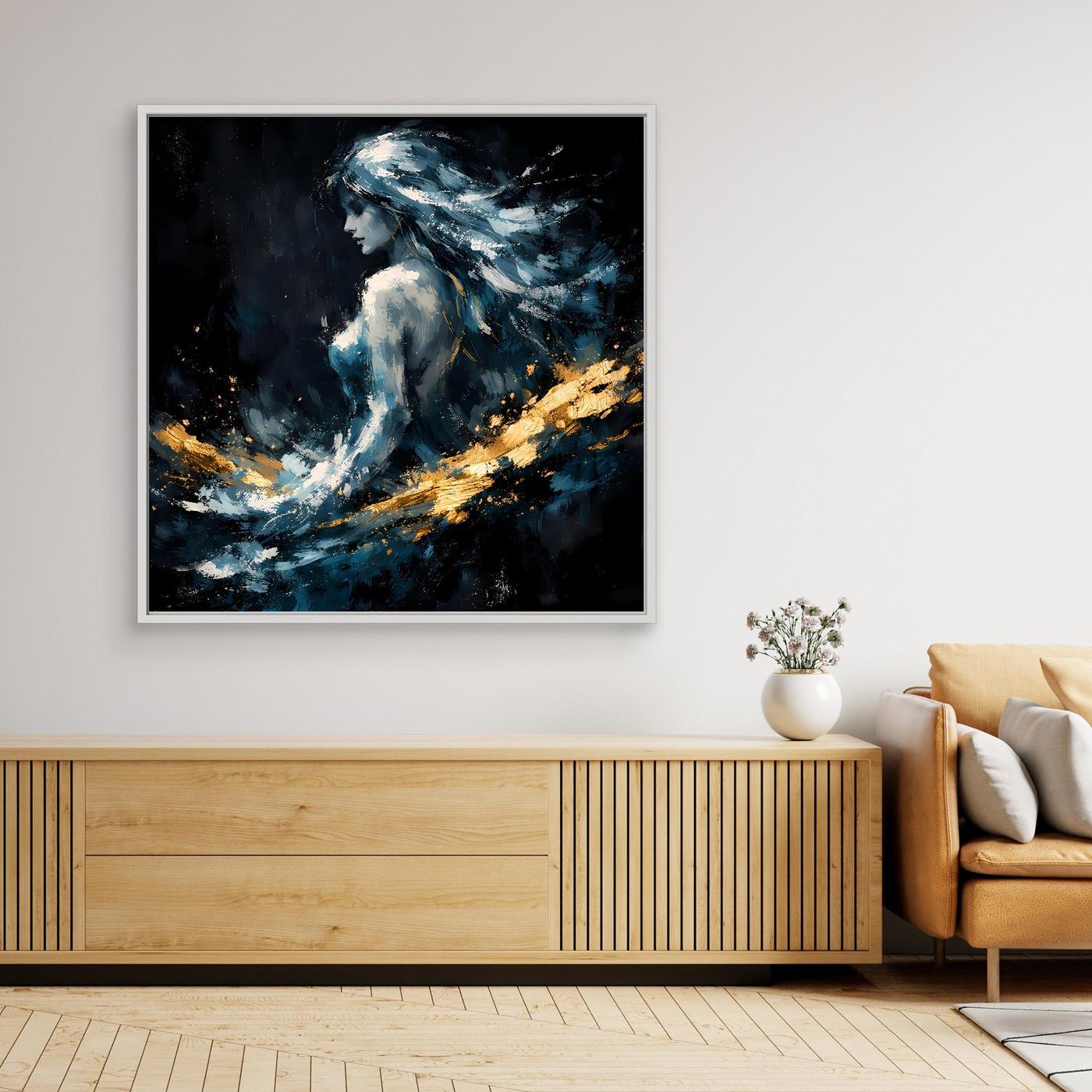 Leinwand Mystische Frauen-Figur in Blau und Gold | Modernes Abstraktes Fantasie Wandbild
