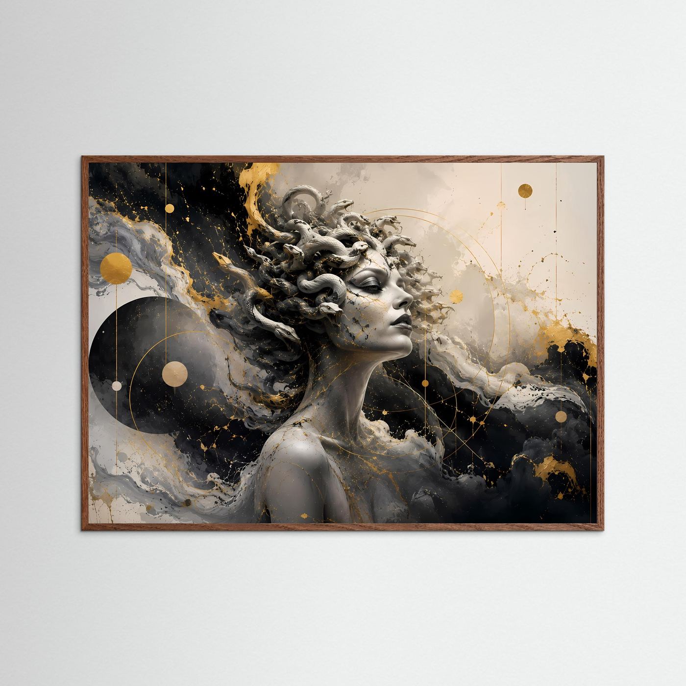Medusa Poster Schwarz Weiß Gold | Mythologische Wandkunst | Abstrakte Gorgon Kunst | Elegantes Griechenland Portrait | Luxuriöse Leinwand