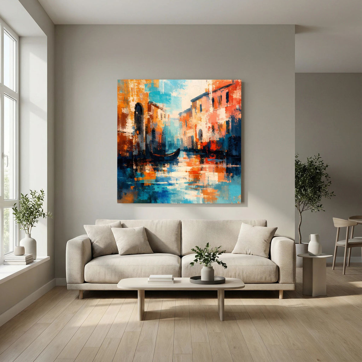 Abstraktes Leinwand-Wandbild mit Gondel und Häusern am Kanal, orange und blaue Highlights