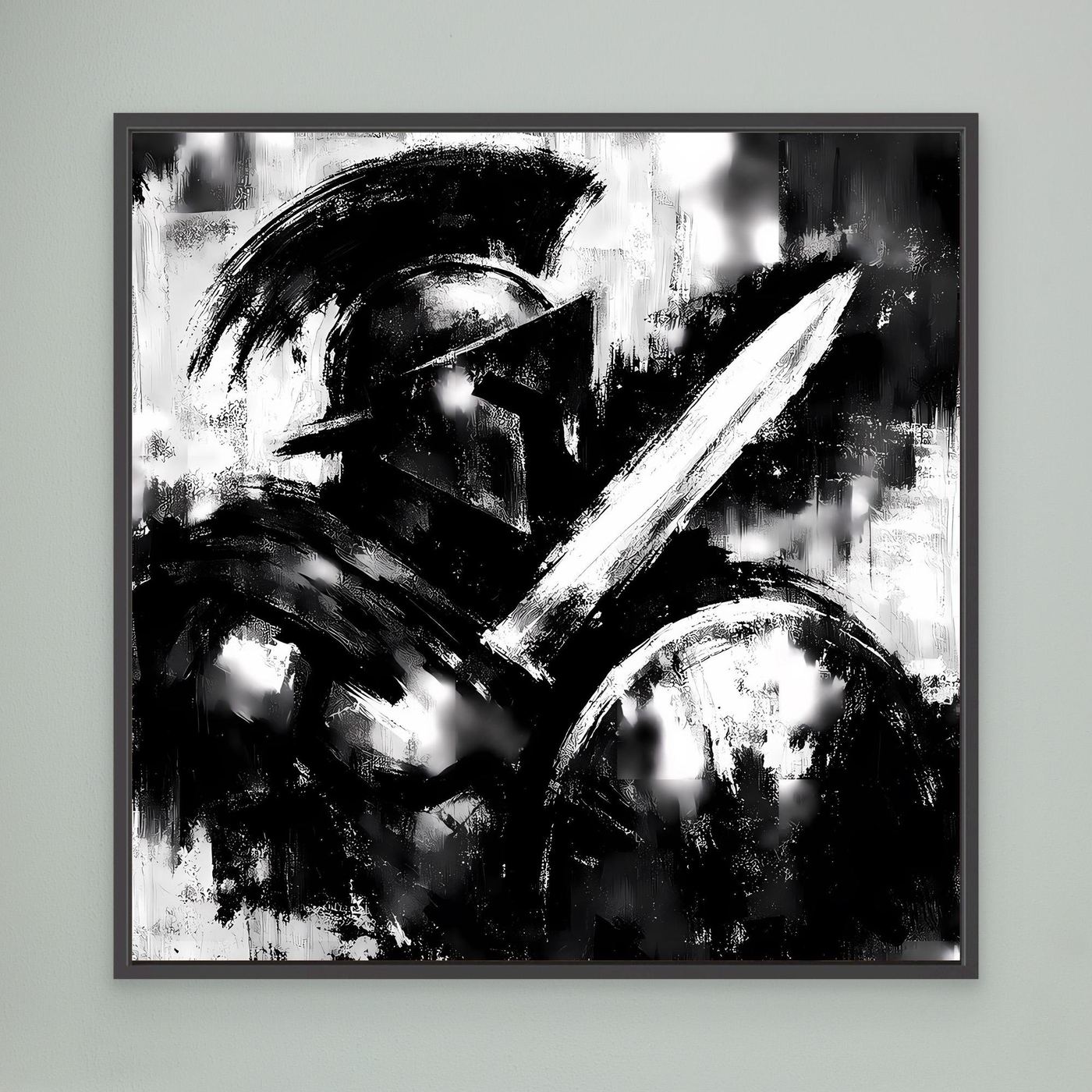 Abstraktes Wandbild Schwarzweiß mit Pinselstrichen, schwarzer Rahmen