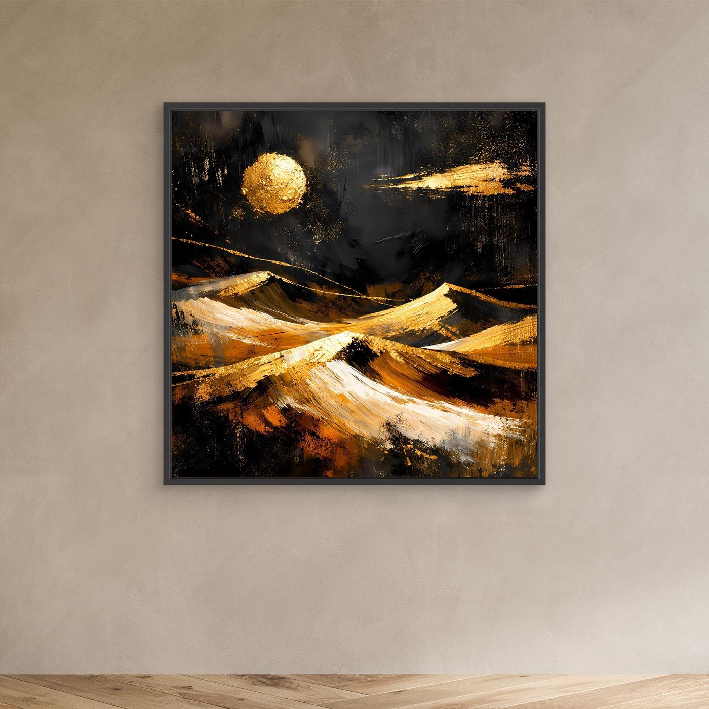 Leinwand Goldene Wüstenlandschaft bei Nacht | Abstraktes Dünen Wandbild Modern