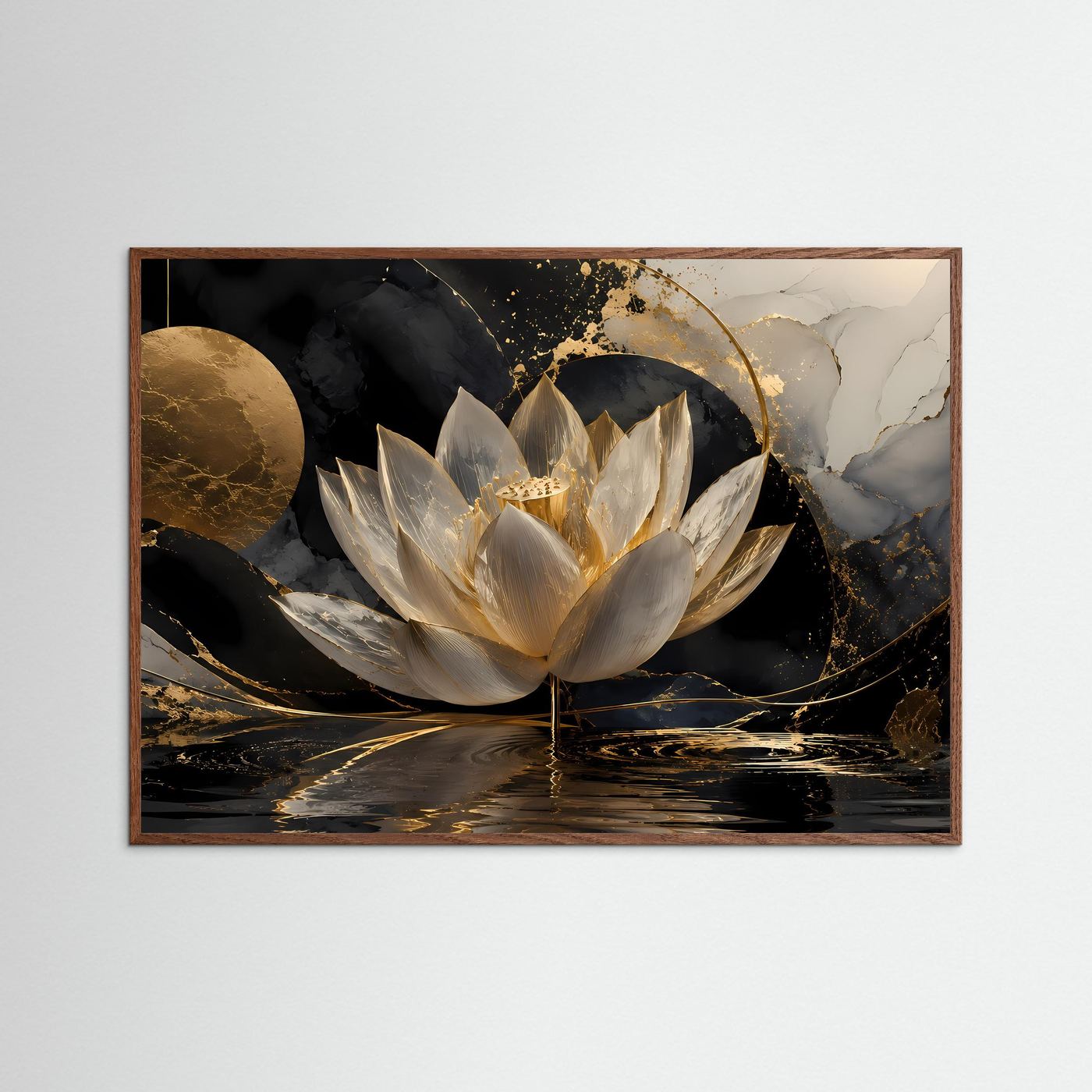 Weiße Lotusblüte Wandbild | Schwarz Gold Lotus Kunst | Elegante Zen Botanical Wall Art | Luxuriöse Meditation Leinwand | Moderne Wellness Deko