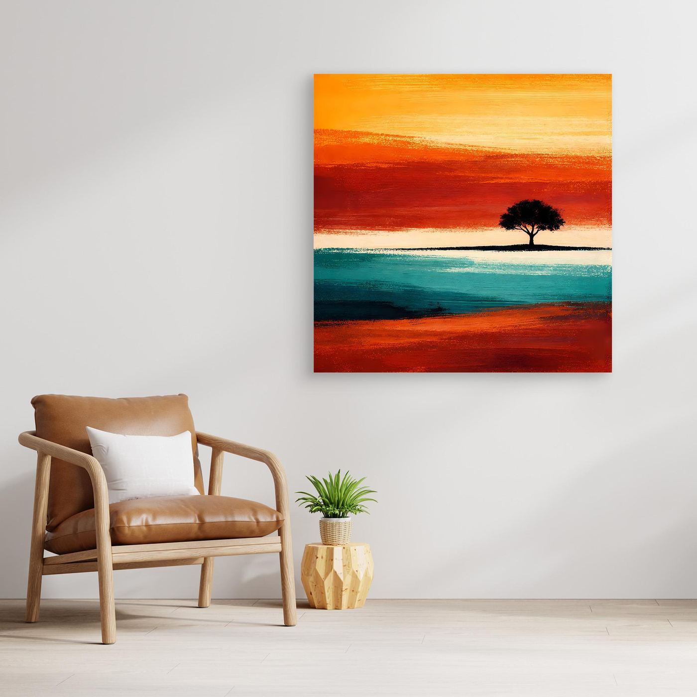 Gerahmtes Leinwandbild: einsamer Baum am Horizont, Türkis und Orange im abstrakten Stil