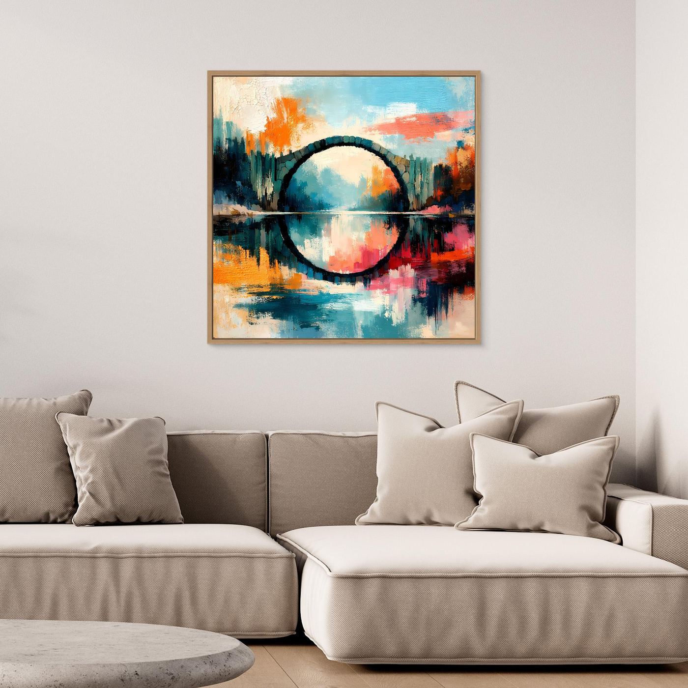 Premium Leinwand Mystische Kreisbrücke im Wasser | Abstraktes Natur Wandbild farbenfroh