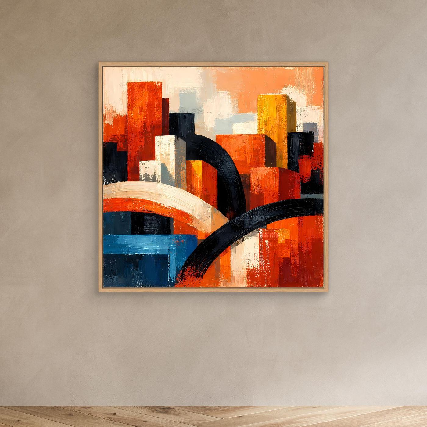Leinwandbild im Holzrahmen: abstraktes Skyline-Motiv mit orange-roten Gebäuden und blauen Flächen