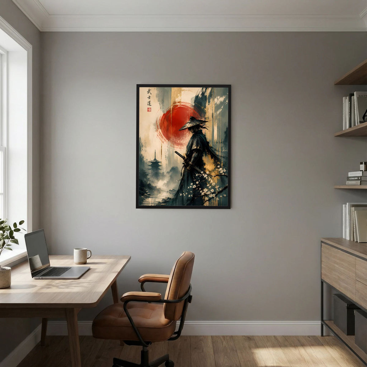Gerahmtes Hochformat-Poster mit Samurai, roter Sonne und abstraktem Landschaftsmotiv