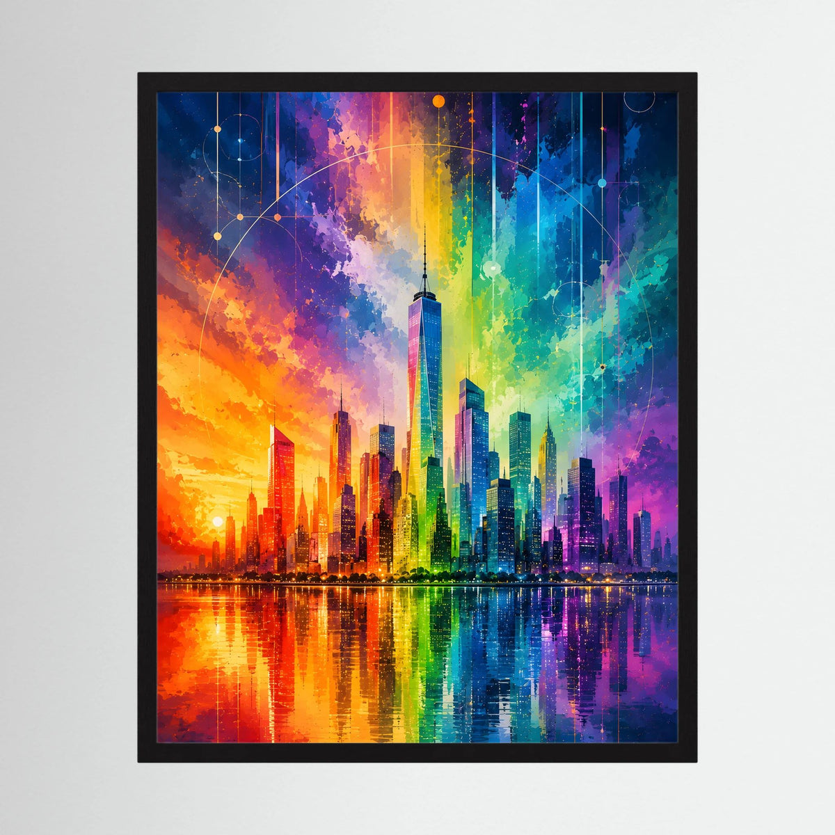 Gerahmtes Stadtposter mit abstrakter Skyline in Regenbogenfarben und Spiegelung im Wasser