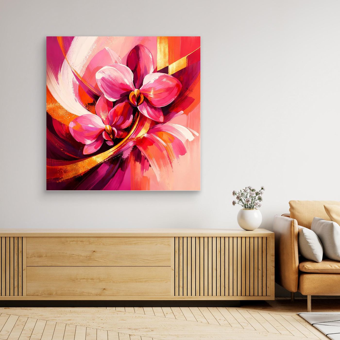 Leinwandbild ohne Rahmen als Detail: abstrakte Orchideen in Pink und Rot
