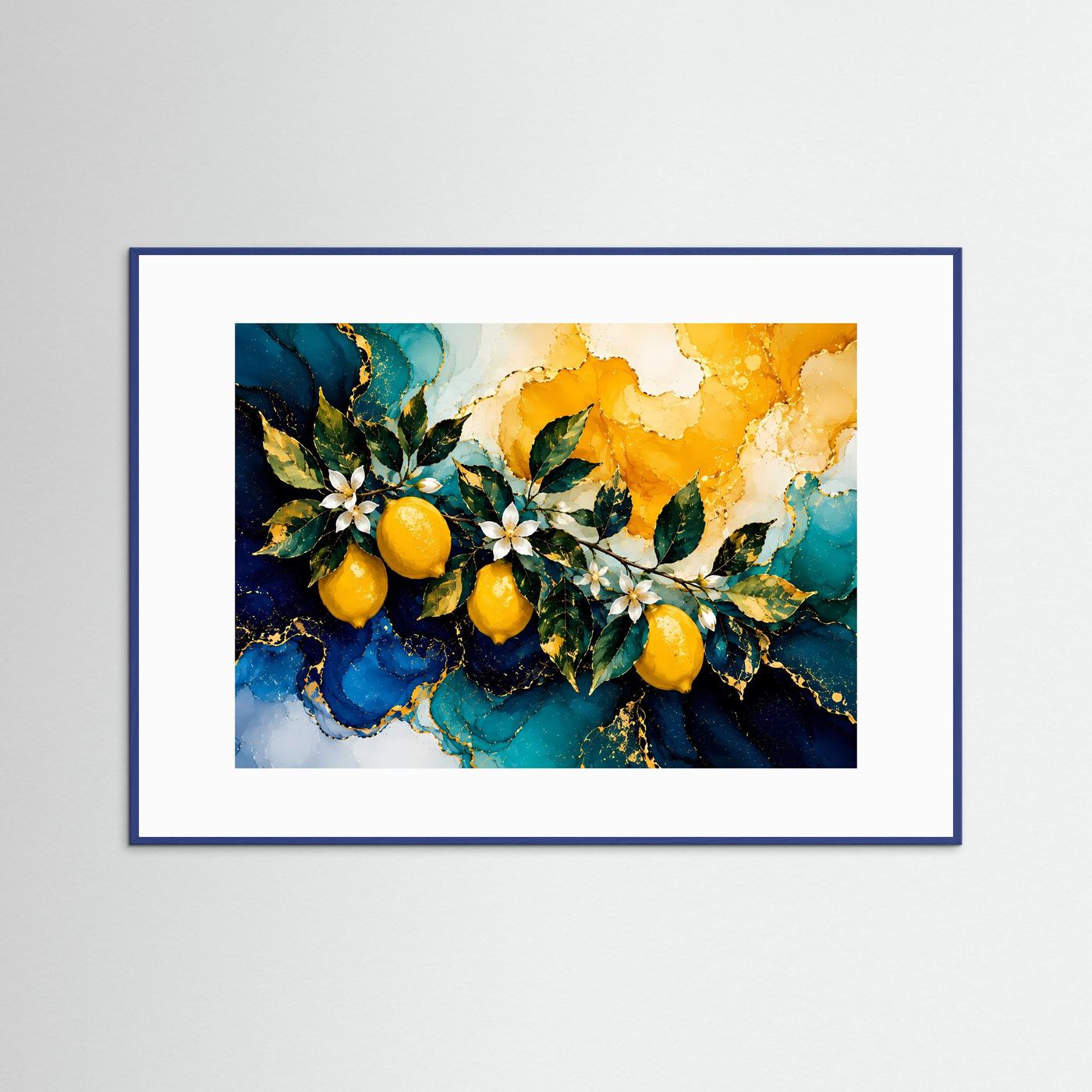 Querformat-Poster im blauen Rahmen mit abstrakter Botanik: gelbe Beeren, blaue Blätter