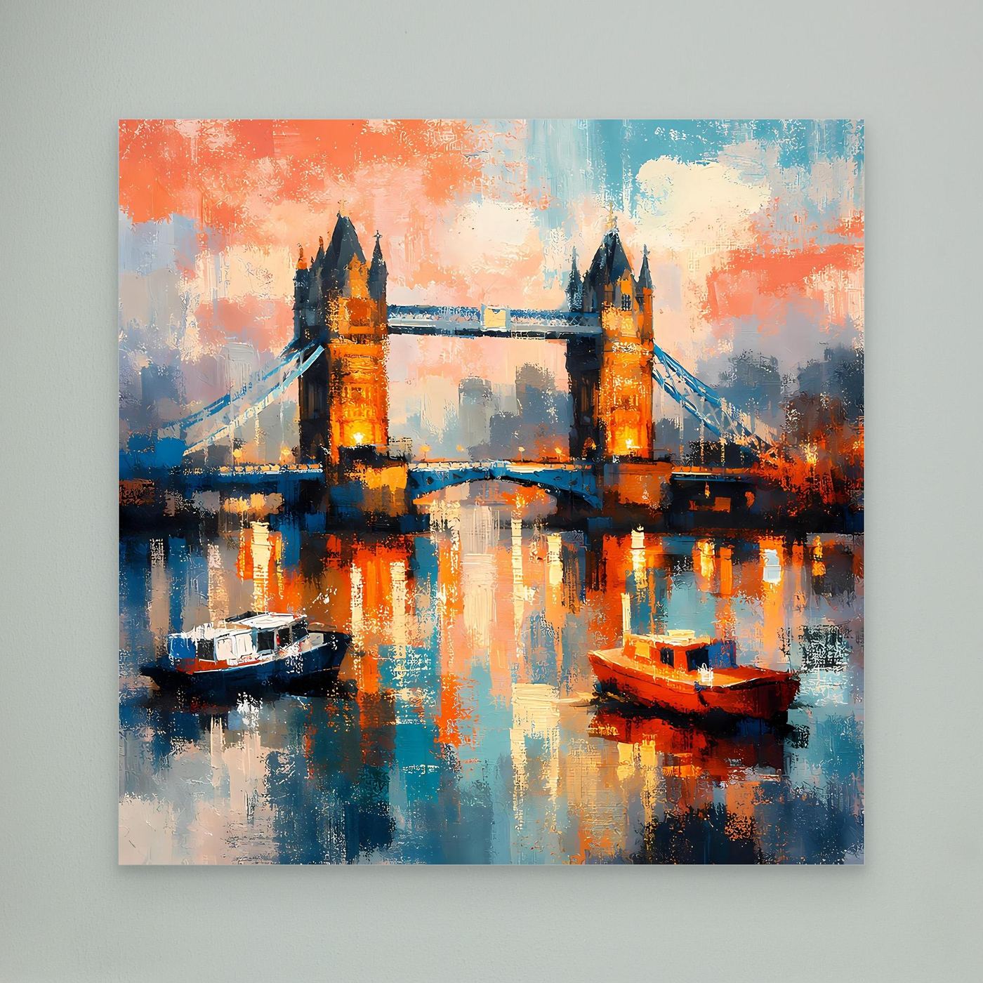 Gerahmtes Leinwandbild mit abstrakter Tower-Bridge bei Nacht, Boote im Vordergrund
