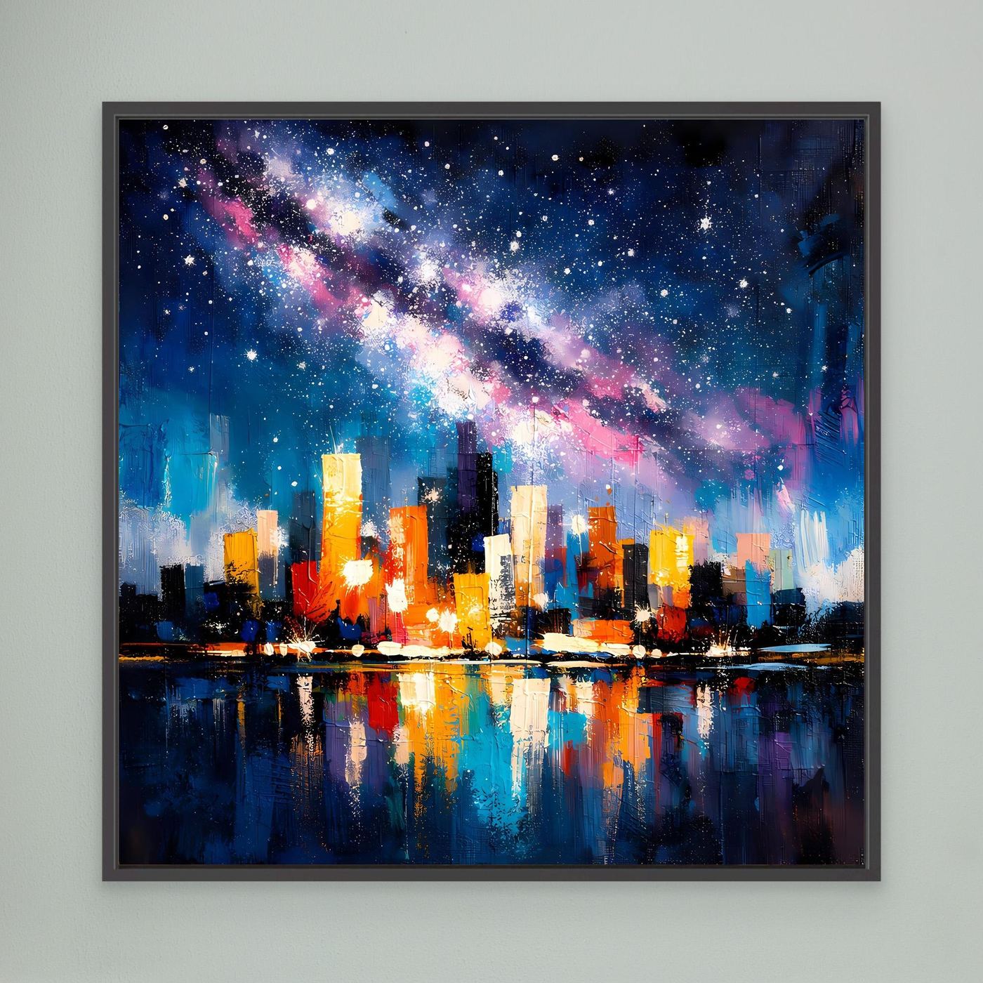 City skyline canvas wall art with Milky Way stars and reflections, black frame