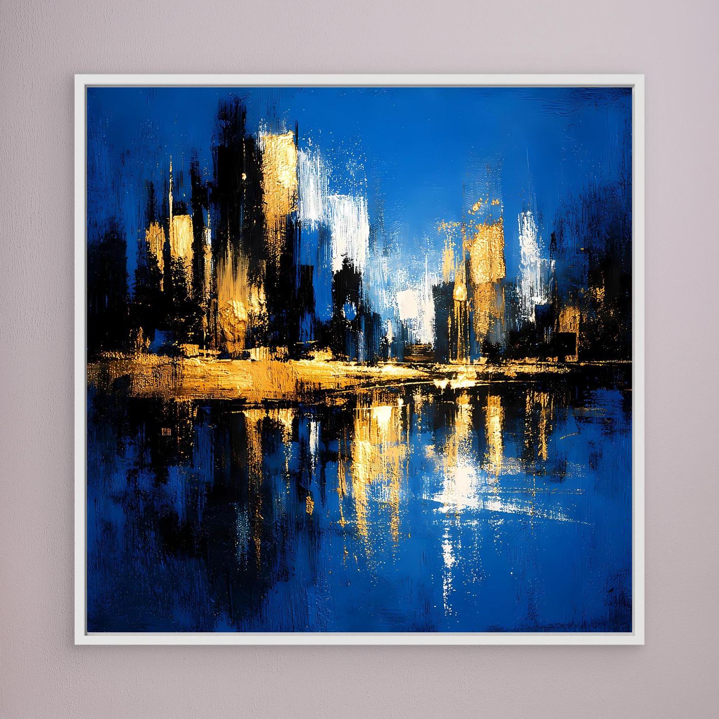 Leinwand Abstrakte Skyline in Blau und Gold | Modernes Großstadt Wandbild mit Spiegelung