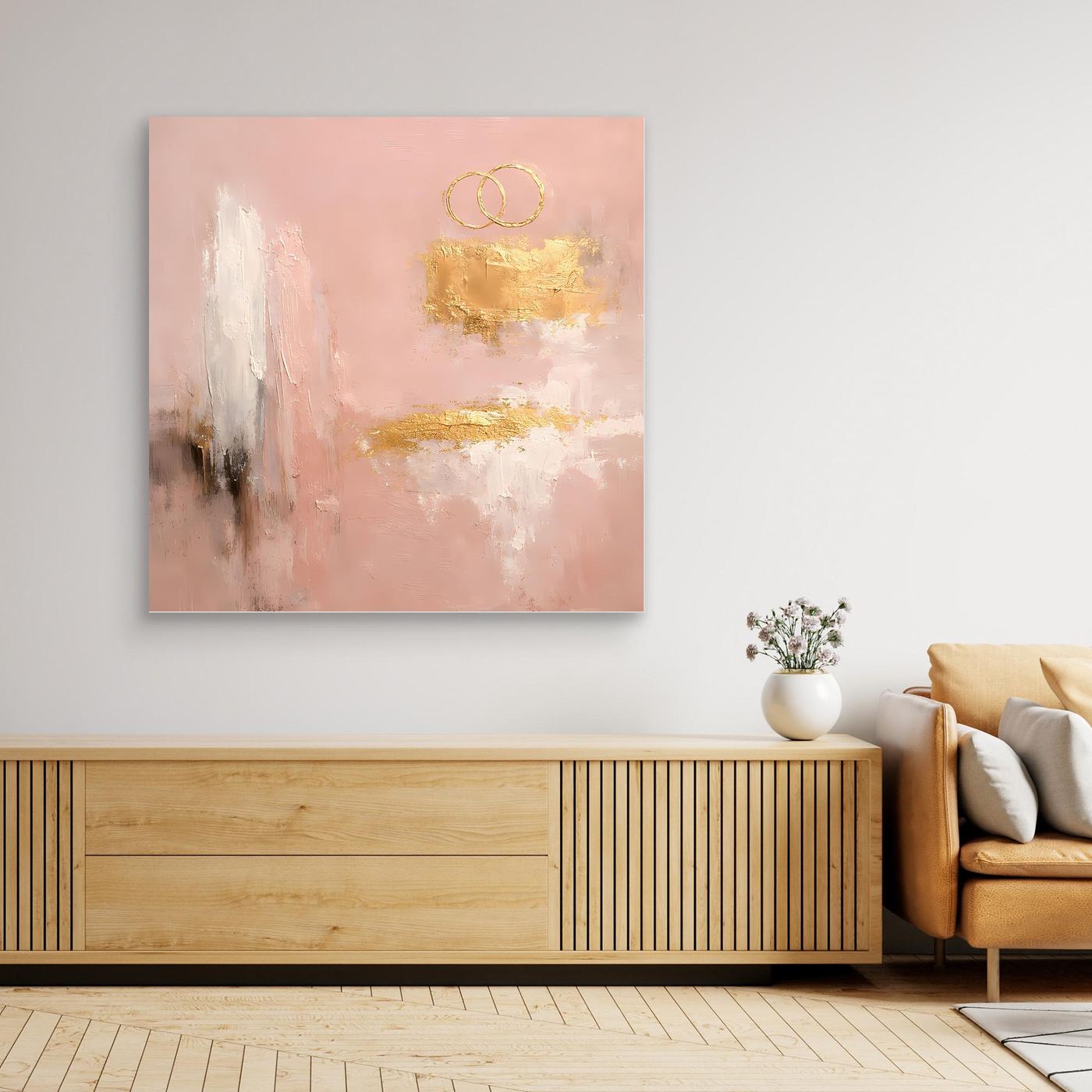 Leinwand Abstraktes Hochzeitsgemälde in Altrosa und Gold | Modernes Wandbild Eheringe