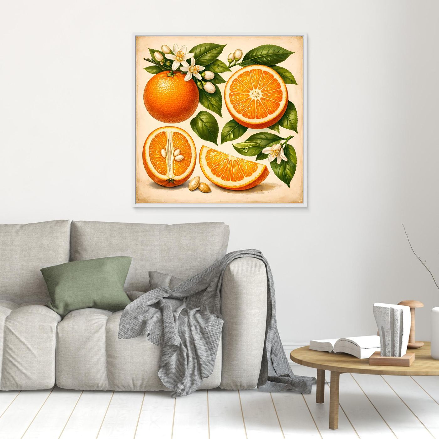 Kleines Leinwandbild mit Vintage-Orangen, Zitrusfrüchten und Blüten im weißen Rahmen