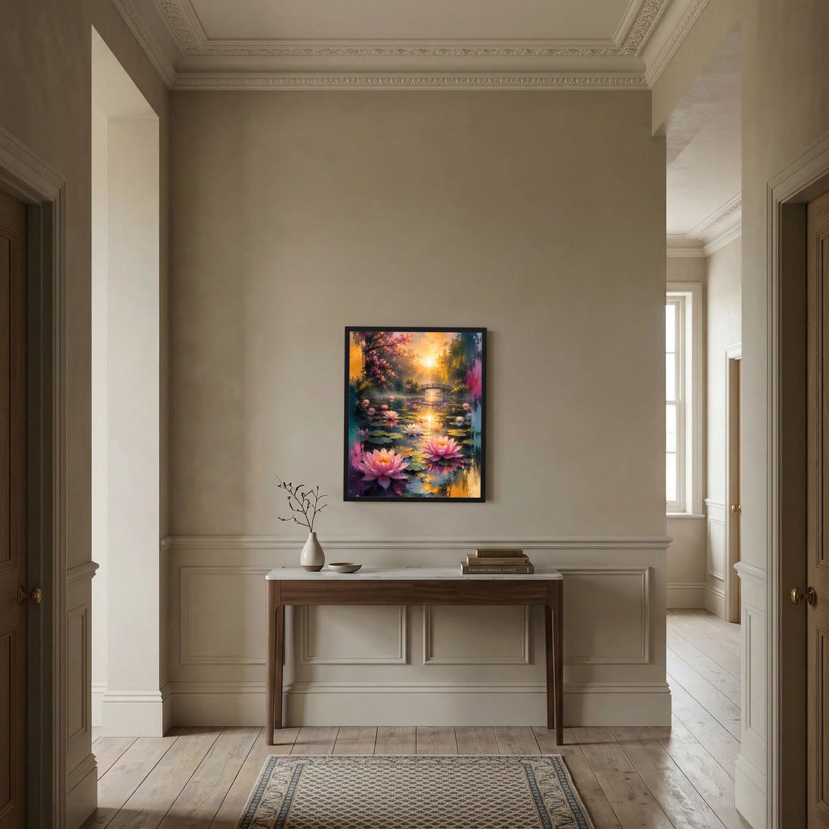 Gerahmtes Hochformat-Poster mit Lotusteich, Seerosenblüten und goldener Sonne