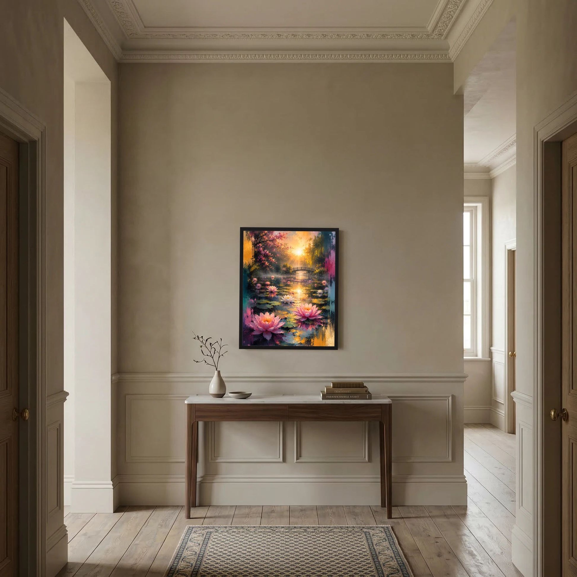 Gerahmtes Hochformat-Poster mit Lotusteich, Seerosenblüten und goldener Sonne