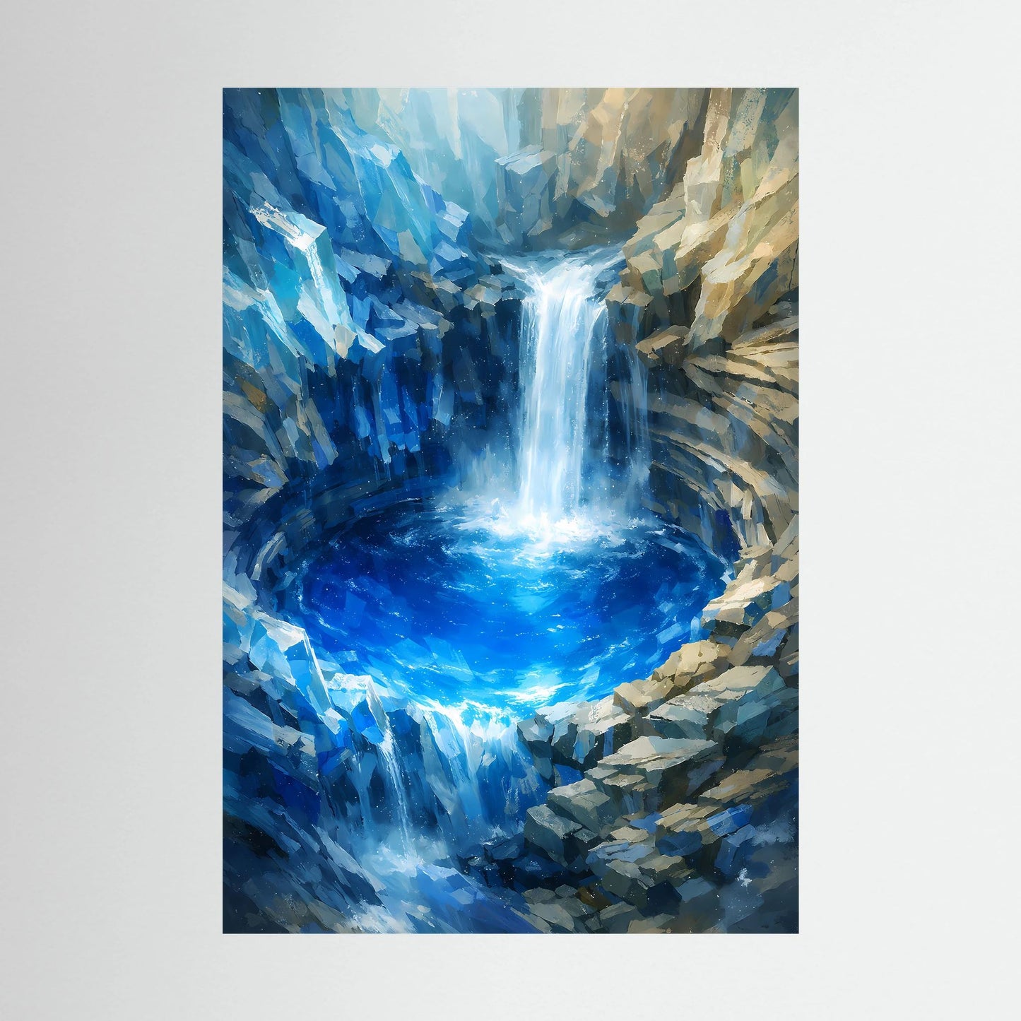 Ungeframed Hochformat-Poster mit blauem Wasserfall und türkis leuchtendem Pool